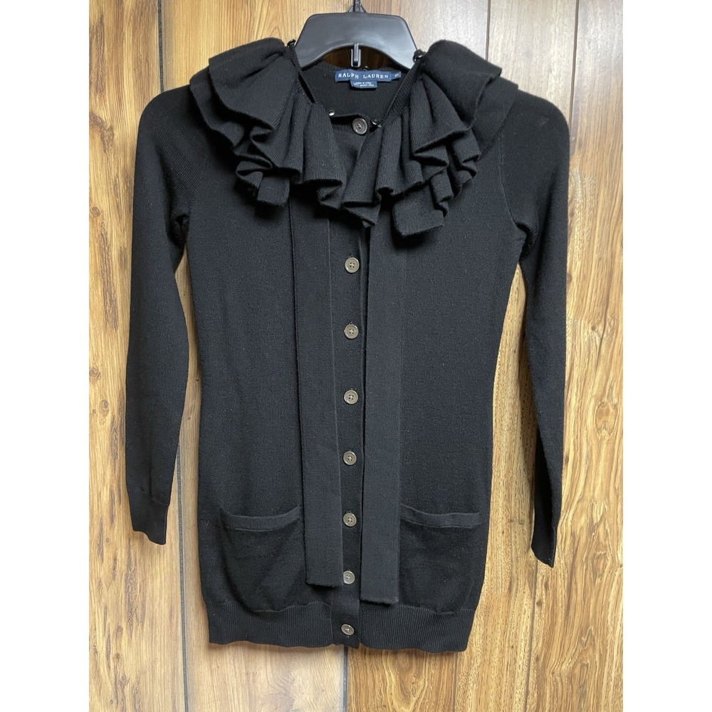 RALPH Lauren Sweater Womens XS Black Merino Wool Cardigan Removable Collar Rare